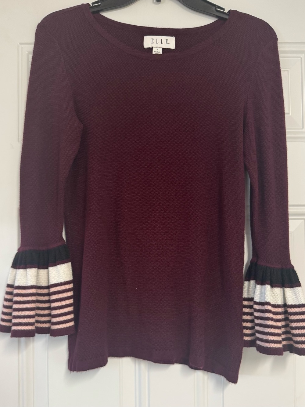 Elle Maroon Crewneck Sweater with Striped Ruffle Cuffs